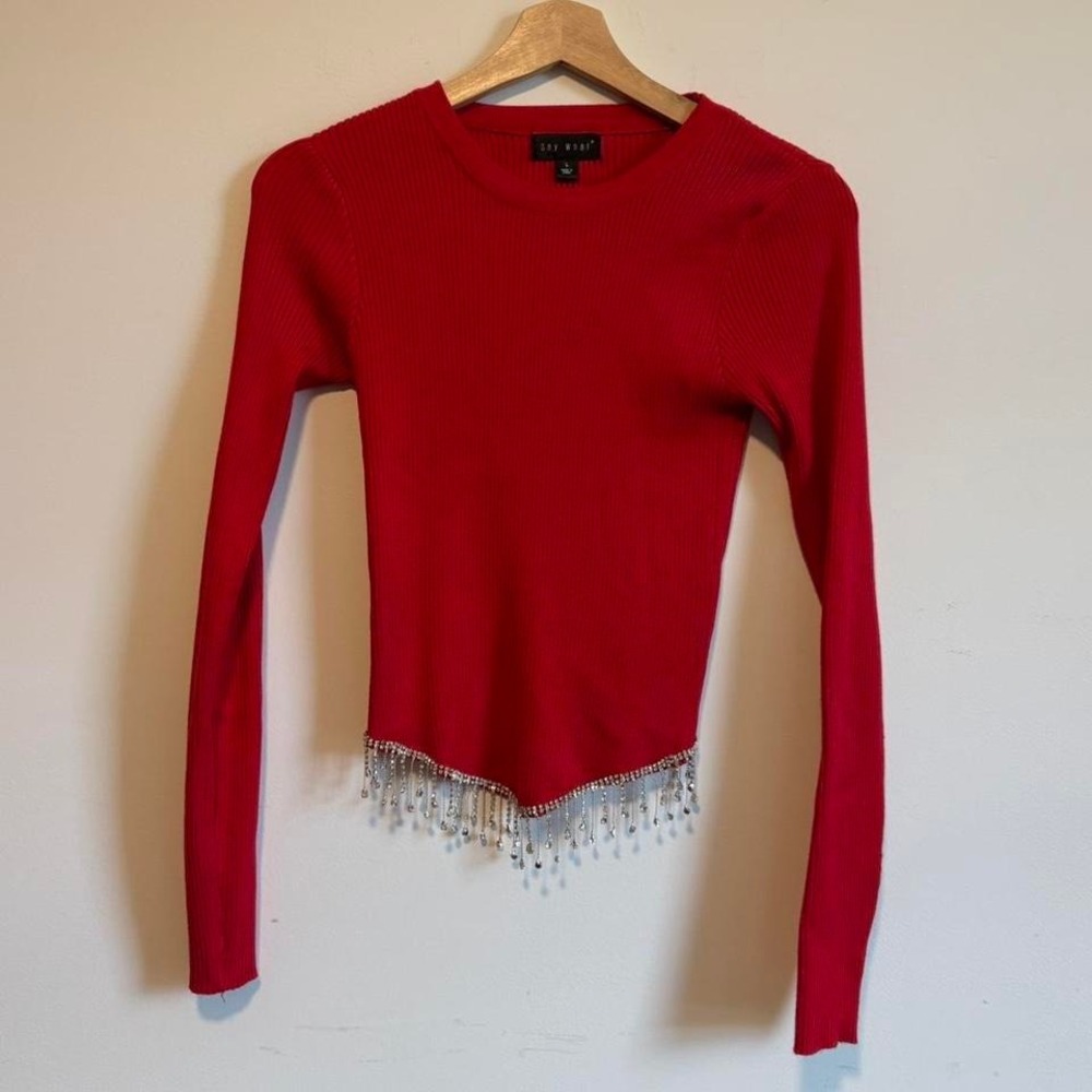 y2k red long sleeve bedazzled top